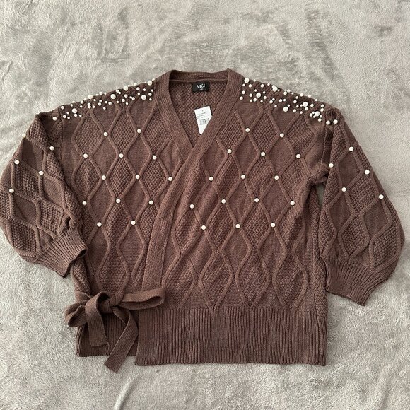 NWT Vici Pearl Brown Wrap Sweater Women's LARGE - Picture 1 of 7